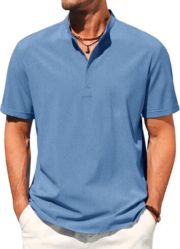 COOFANDY Men's Casual Henley Shirt Short Sleeve Band Collar Shirt Summer Beach Hippie Vacation T Shirt with Button in Saudi Arabia