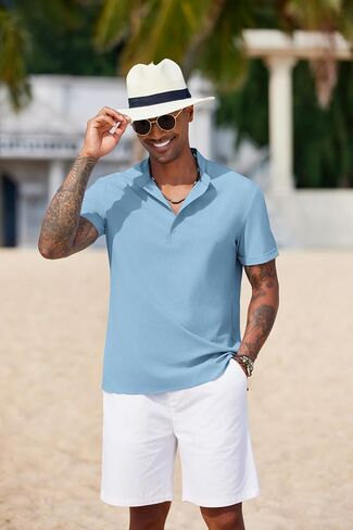 COOFANDY Men's Casual Henley Shirt Short Sleeve Band Collar Shirt Summer Beach Hippie Vacation T Shirt with Button in Saudi Arabia