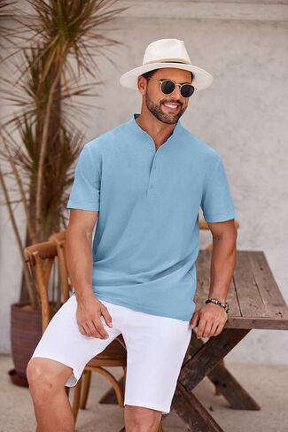 COOFANDY Men's Casual Henley Shirt Short Sleeve Band Collar Shirt Summer Beach Hippie Vacation T Shirt with Button in Saudi Arabia
