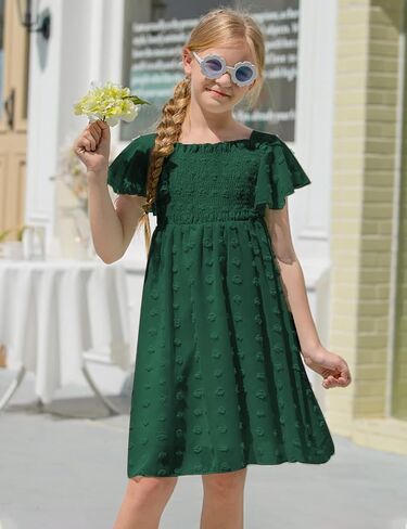 Kids4ever 6-12T فستان شيفون للفتيات مع بوم بومس سادة وكشكشة رفرفة وأكمام قصيرة للأطفال برقبة مربعة من الدانتيل in Kuwait