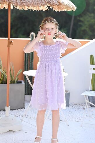 Kids4ever 6-12T فستان شيفون للفتيات مع بوم بومس سادة وكشكشة رفرفة وأكمام قصيرة للأطفال برقبة مربعة من الدانتيل in Kuwait