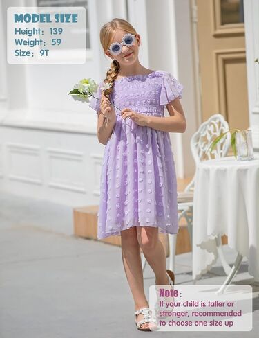 Kids4ever 6-12T فستان شيفون للفتيات مع بوم بومس سادة وكشكشة رفرفة وأكمام قصيرة للأطفال برقبة مربعة من الدانتيل in Kuwait