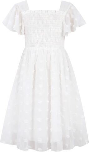 Kids4ever 6-12T فستان شيفون للفتيات مع بوم بومس سادة وكشكشة رفرفة وأكمام قصيرة للأطفال برقبة مربعة من الدانتيل in Kuwait