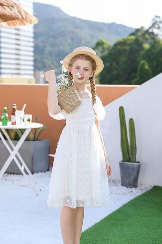 Kids4ever 6-12T فستان شيفون للفتيات مع بوم بومس سادة وكشكشة رفرفة وأكمام قصيرة للأطفال برقبة مربعة من الدانتيل in Kuwait