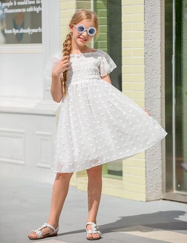 Kids4ever 6-12T فستان شيفون للفتيات مع بوم بومس سادة وكشكشة رفرفة وأكمام قصيرة للأطفال برقبة مربعة من الدانتيل in Kuwait