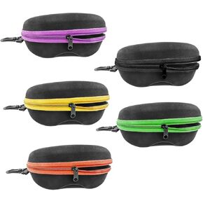 INNOLIFE Set of 5pcs in Mixed Colors, Zipper Shell Sunglasses Glasses Case with Plastic Carabiner Hook