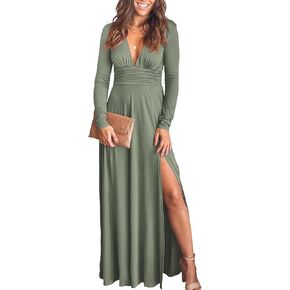 ANRABESS Women Deep V Neck Long Sleeve Slit 2024 Fall Elegant Formal Wedding Guest Cocktail Evening Date Prom Maxi Long Dress