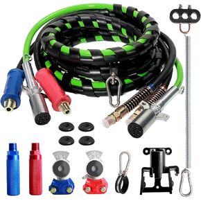 12FT Semi Truck Air Lines Kit - 3 In 1 Air Hoses Wrap 7 Way Trailer Cord Power Air Line for Semi Truck, Trailer, Tractor, With Gladhands,Handles,Holder,Tender Spring Kit,Seals