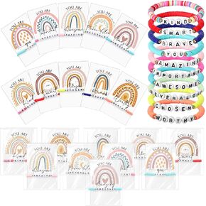 Inspirational Gifts Bulk Motivational Bracelets Clay Beaded Rainbow Bracelet Team Friendship Bracelet Inspirational Quotes Card Bulk for Employee Party Favors