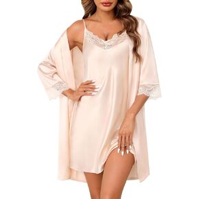 SWOMOG Women's Satin Robe Set 2 Piece Sexy Pajamas Sets Lace Cami Nightgown and Silk Robes Nightwear