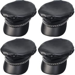 Yewong 4 قطع قبعة مسطحة لسائقي الدراجات النارية مع سلسلة من الجلد الأسود للسائق ليموزين يخت كابتن بحار قبعة من البولي يوريثان موزع الصحف تاكسي أجرة بيكر بوي قبعة بيريه بلغت ذروتها in Kuwait