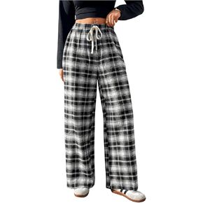 SHENHE Women's Plaid High Drawstring Waist Pants Wide Leg Loose Casual Long Pants