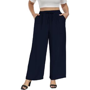 VOGUEMAX Womens Plus Size Wide Leg Pants Soft Casual Pants Loose Fit Comfy Drawstring High Waisted Pants with Pockets