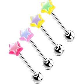 OUFER 4PCS Star Tongue Rings, 316L Surgical Steel Tongue Piercing Jewelry, Acrylic Rainbow Star Tongue Piercings, 14G Tongue Ring Balls, Cute Tongue Rings For Women Men