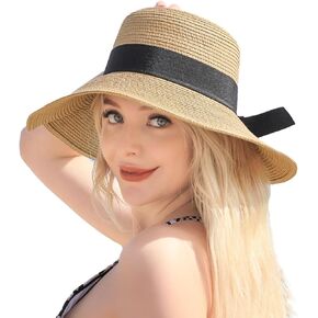 Beach Hats for Women - Wide Brim Sun Straw Hat for Women, UPF 50+ UV Sun Protection Sun Hat Womens, Floppy Sun Hat Foldable Roll up Cap, Khaki