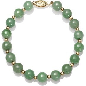 14k Gold Natural Green Jade Bead Bracelet, 7.5"