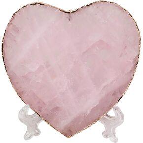 AMOYSTONE Large Heart Stone Rose Quartz Healing Crystals Birthday Gifts for Women, Natural Reiki Meditation Pink Crystal Gilded Edge Heart Shaped 3.5-4"/pc with Plastic Bracket