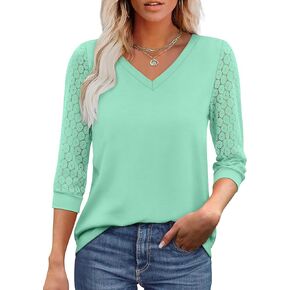 XIEERDUO 3/4 Length Sleeve Womens Tops V-Neck Lace Tunic Tops Business Casual Blouses 2025