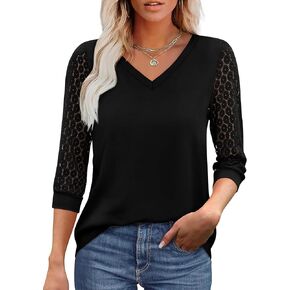 XIEERDUO 3/4 Length Sleeve Womens Tops V-Neck Lace Tunic Tops Business Casual Blouses 2025 in Kuwait