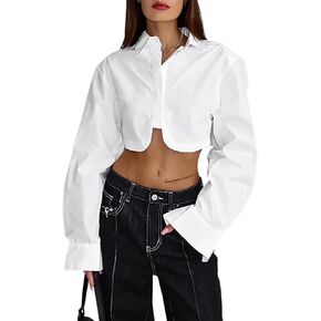 Remidoo Women's Asymmetrical Hem Long Sleeve Button Up Shirt Crop Top Blouse