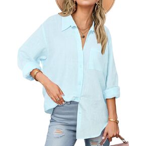 Zeagoo Womens Linen Button Down Shirts Long Sleeve Cotton Gauze Tops Casual Collared Blouses Loose Fit