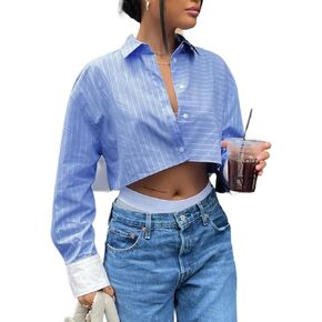 Remidoo Women's Asymmetrical Hem Long Sleeve Button Up Shirt Crop Top Blouse in Kuwait