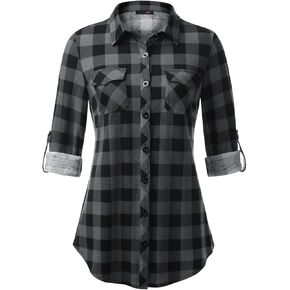DJT Womens Soft Stretchy Knit Plaid Shirts Roll Up Long Sleeve Collared Button Down Blouses Tops