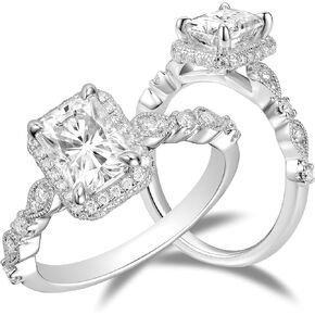 DovEggs 2ct 6X8mm GHI Color Radiant Cut Moissanite Hidden Halo Engagement Ring Curved Enhancer Guard Moissanite Wedding Ring Set accents 14k Gold Quality Sterling Silver Wedding Ring for Women