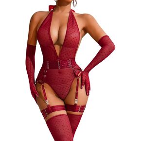 Sheer Mesh Bodysuit, Exotic Wear Dancer, Sexy Lingerie 5 PC For Women Thigh High Stockings Garter Belt Dancewear