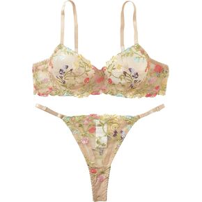 Sexy Floral Embroidered Flower Mesh Underwire Push Up Lingerie Set