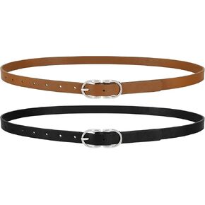 WERFORU 2Pack Thin Belts for Women Skinny Leather Belts for Jeans Pants Women Thin Leather Belt Black Belt with Gold Buckle