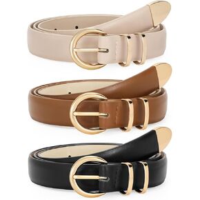 WERFORU 3 Pack Women's Skinny Leather Belts for Jeans Dress Ladies Vintage Waist Belt with Gold Silver Buckle