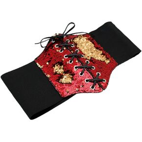 Women Wide Elastic Strap Corset Belt Bling High Waist Red Gold Sequins Fit Size S M