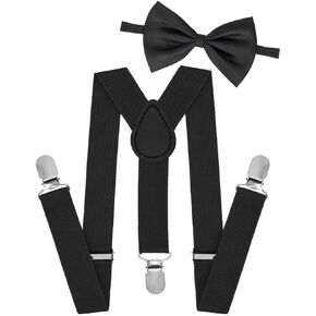 Kids-Adjustable-Elastic-Suspenders Bowtie-Set - Classic Black Y-Back Suspenders for Boys Girls(for 2-10years)