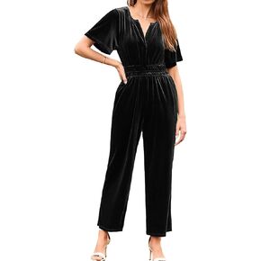 Simplee Womens Short Sleeve Wide Leg Velvet Jumpsuit Dressy V Neck Elastic Waist Formal Jumpsuits 2024 Winter Holiday Outfits
