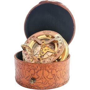 Antique Brass & Copper Sundial Compass, Handcrafted Sun Dial Clock in Leather Gift Box, Ship Replica Navigation Sun Dial Clock, Elegant Handmade Brass Décor, Unique Nautical Gift Item