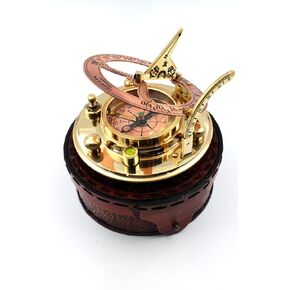 Brass Sundial Compass in Leather Case - Nautical Gifts for Men, Antique Sailing Anniversary Gadget for Him, Unusual Unique Nautical Decor, Naval Maritime Pocket Watch Clock
