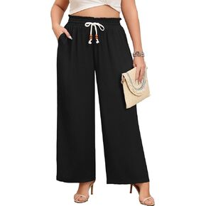 Plus Size Wide Leg Pants for Women Elastic High Waisted Drawstring Loose Lounge Long Palazzo Trousers with Pockets