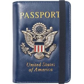 Passport Holder For Travel, Passport Cover Case, Passport Wallet Protector Travel Covers Wallet Case with Metal 3D Metal Badge RFID Blocking Travel Accessories Document Organizer (Blue)