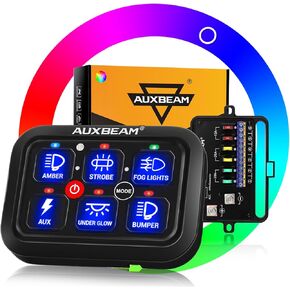 لوحة تبديل Auxbeam RGB 6 Gang RA60 لوحة تبديل قابلة للتعتيم تلقائيًا مع تبديل لحظي نابض، لوحة تحكم تبديل جراب مع وظيفة الذاكرة 12-24 فولت لوحة مفاتيح لشاحنة UTV قارب مقاوم للماء، ضمان لمدة عامين