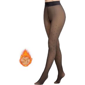 MANZI Women's Polka Dots Fleece Lined Faux Sheer Black Warm Tights Patterned Fake Translucent Winter Thick Thermal Stockings