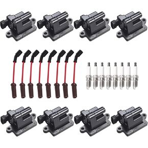 ENA Set of 8 Square Ignition Coil 8 Platinum Spark Plug and Red Wire Set Compatible with Chevrolet Chevy GMC Hummer Avalanche Savana 1500 2500 3500 Sierra H2 4.8L 5.3L 6.0L for UF271 748EE 41962