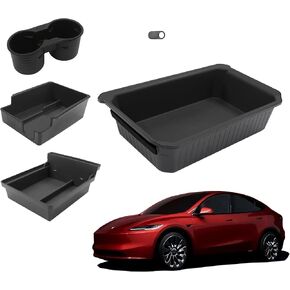 Center Console Organizer 5PCS for Tesla Model Y 2021-2024 2025 Model 3 2017-2023, Under Seat Storage Box Tray, Cup Holder, Camera Cover Compatible with Tesla Model 3/Y Accessories (TPE, Black)