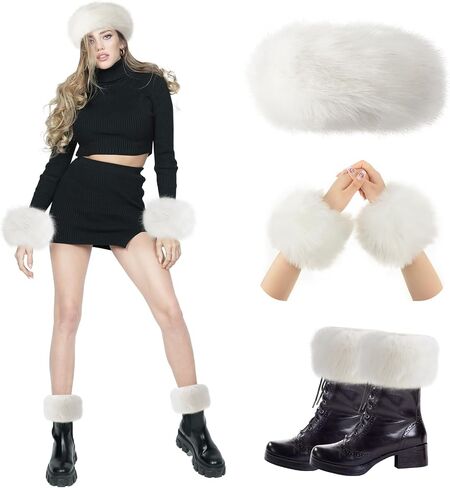 Liitrsh 3 Pieces Faux Fur Headband Set Earmuff Hat Fuzzy Short Wrist Warmers Boot Cuff Arm Warmers Accessories for Girls(White) in Saudi Arabia