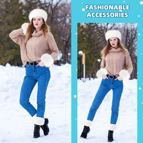 Liitrsh 3 Pieces Faux Fur Headband Set Earmuff Hat Fuzzy Short Wrist Warmers Boot Cuff Arm Warmers Accessories for Girls(White) in Saudi Arabia