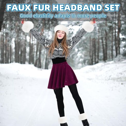 Liitrsh 3 Pieces Faux Fur Headband Set Earmuff Hat Fuzzy Short Wrist Warmers Boot Cuff Arm Warmers Accessories for Girls(White) in Saudi Arabia