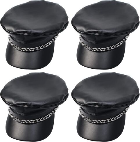 Yewong 4 قطع قبعة مسطحة لسائقي الدراجات النارية مع سلسلة من الجلد الأسود للسائق ليموزين يخت كابتن بحار قبعة من البولي يوريثان موزع الصحف تاكسي أجرة بيكر بوي قبعة بيريه بلغت ذروتها in Kuwait