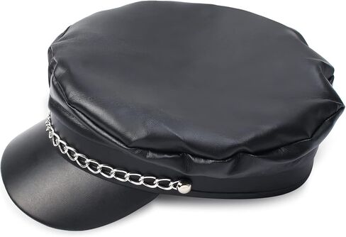 Yewong 4 قطع قبعة مسطحة لسائقي الدراجات النارية مع سلسلة من الجلد الأسود للسائق ليموزين يخت كابتن بحار قبعة من البولي يوريثان موزع الصحف تاكسي أجرة بيكر بوي قبعة بيريه بلغت ذروتها in Kuwait