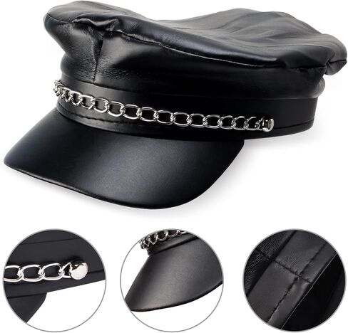 Yewong 4 قطع قبعة مسطحة لسائقي الدراجات النارية مع سلسلة من الجلد الأسود للسائق ليموزين يخت كابتن بحار قبعة من البولي يوريثان موزع الصحف تاكسي أجرة بيكر بوي قبعة بيريه بلغت ذروتها in Kuwait