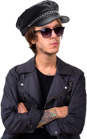 Yewong 4 قطع قبعة مسطحة لسائقي الدراجات النارية مع سلسلة من الجلد الأسود للسائق ليموزين يخت كابتن بحار قبعة من البولي يوريثان موزع الصحف تاكسي أجرة بيكر بوي قبعة بيريه بلغت ذروتها in Kuwait